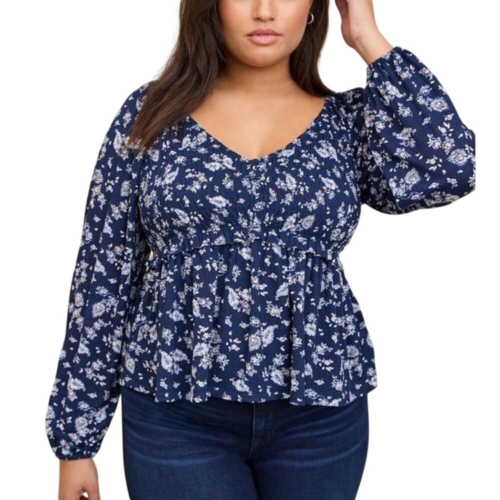 Torrid Navy Floral Smock Peplum Blouse NWT 6X Dark Cottagecore Boho